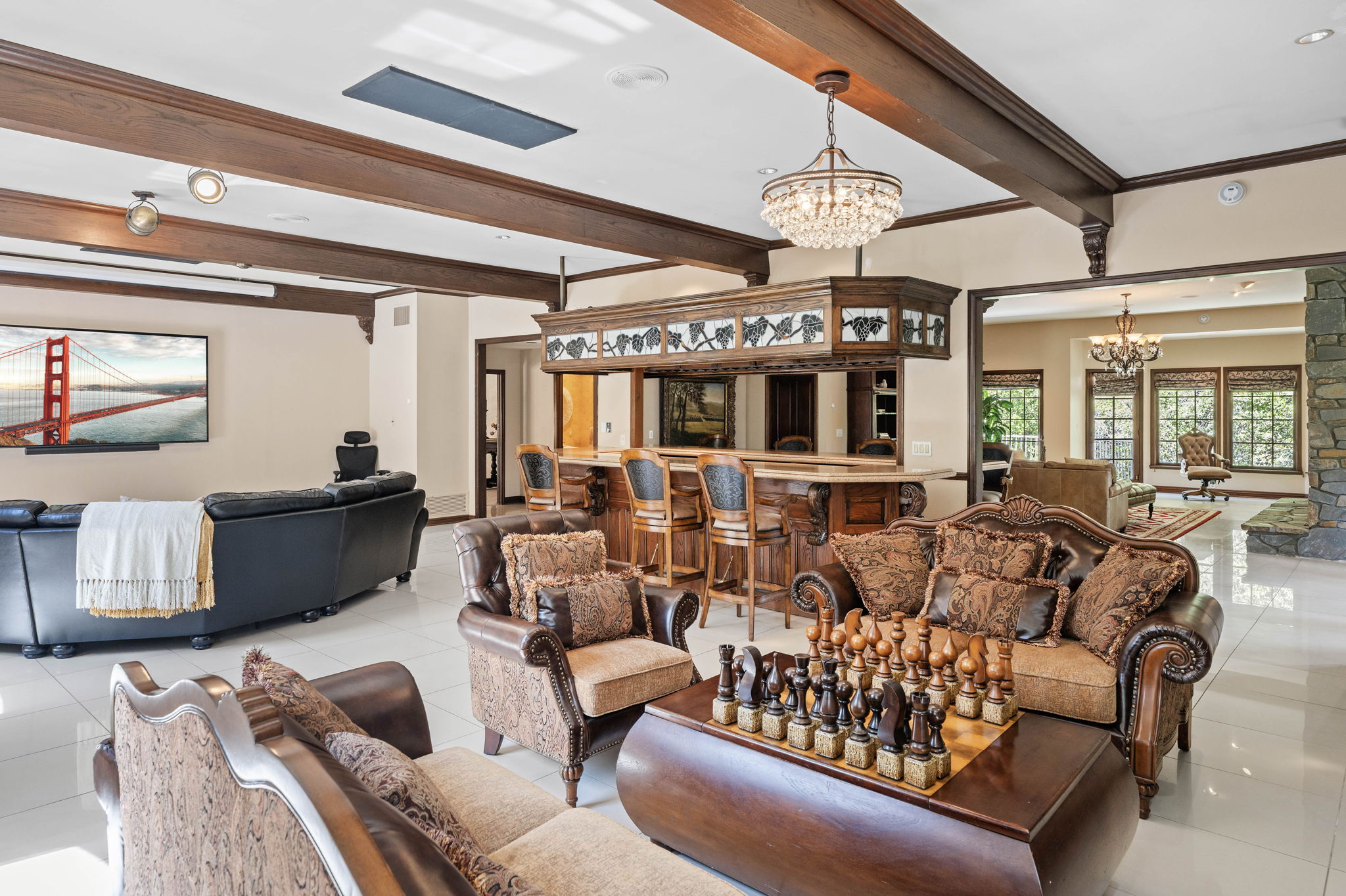 Wide view of the grand chess lounge at Chelsea Manor
