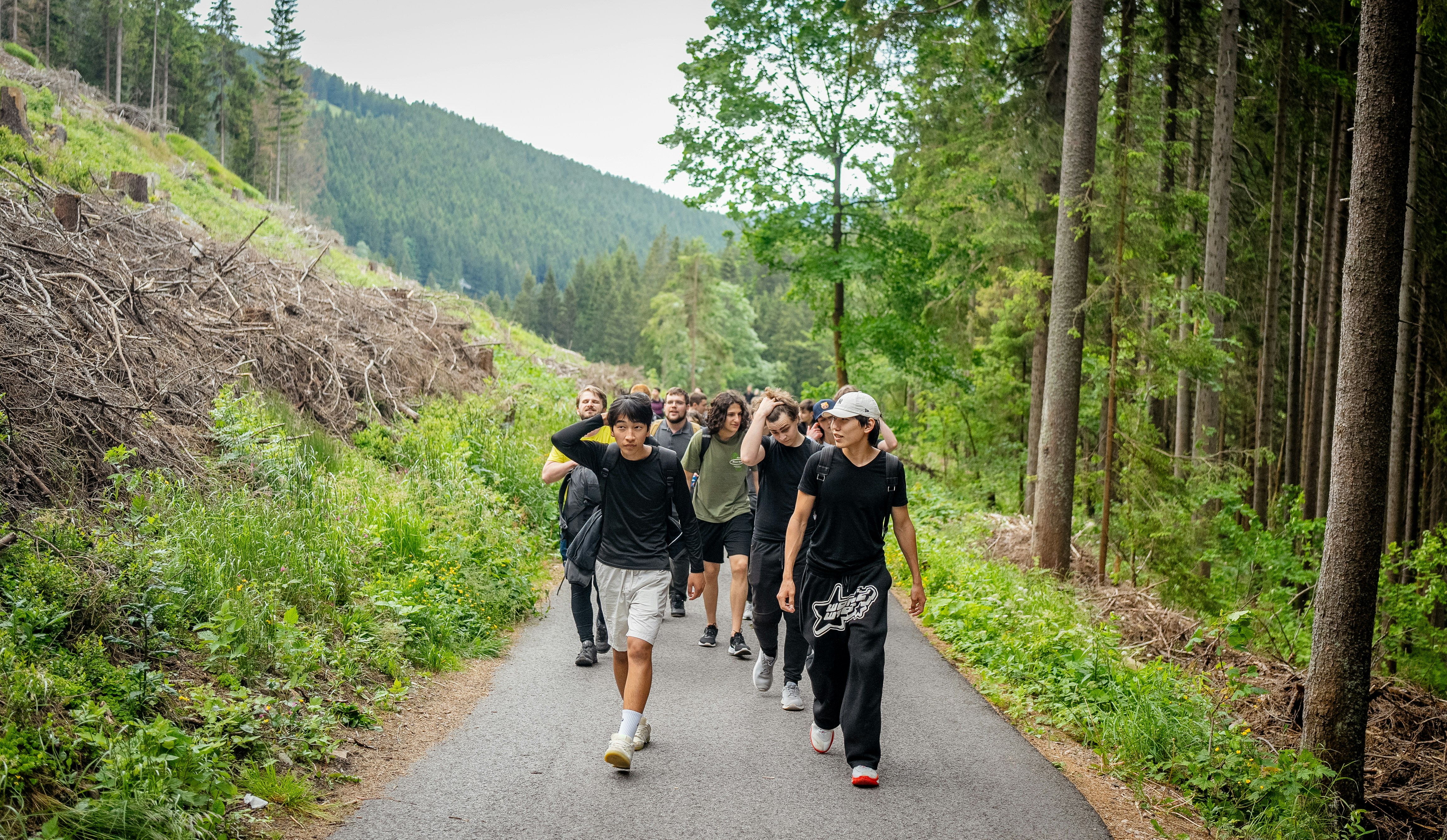 A group of residents walking together on a forest trail during a planned group hike
